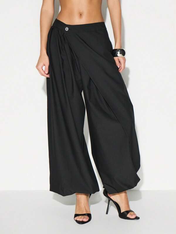 KIZN Wrap Front Wide Leg Palazzo Pants For Women High Waisted Flowy Casual Balloon Trousers Summer Vacation Beachwear
