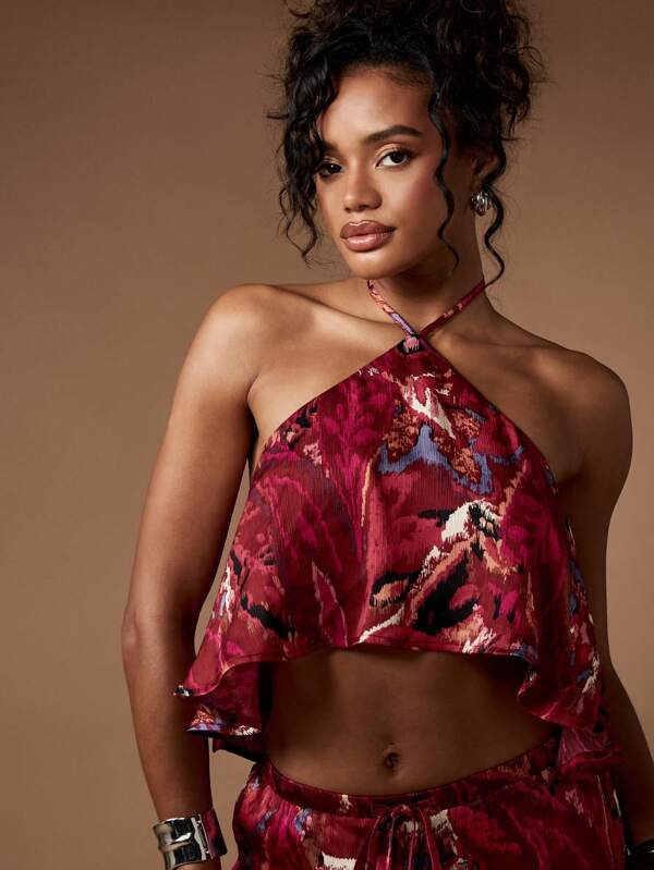 MISSGUIDED Abstract Print Halter Crop Palazzo Two-Piece Outfit