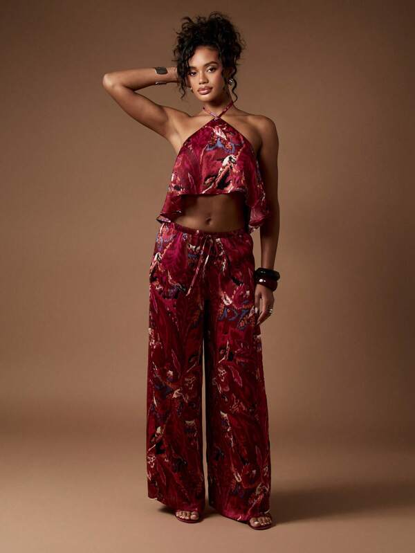 MISSGUIDED Abstract Print Halter Crop Palazzo Two-Piece Outfit