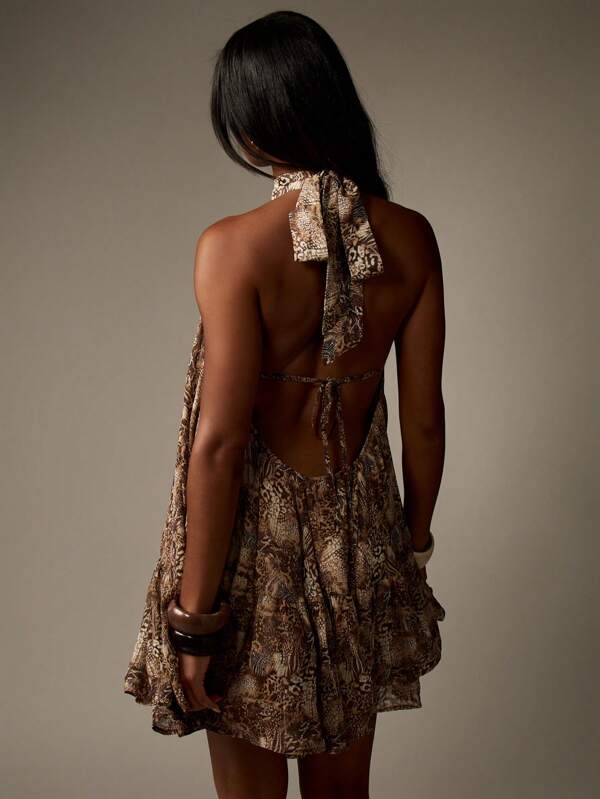 MISSGUIDED Animal Print Chiffon High Neck Mini Dress With Ruffle Details