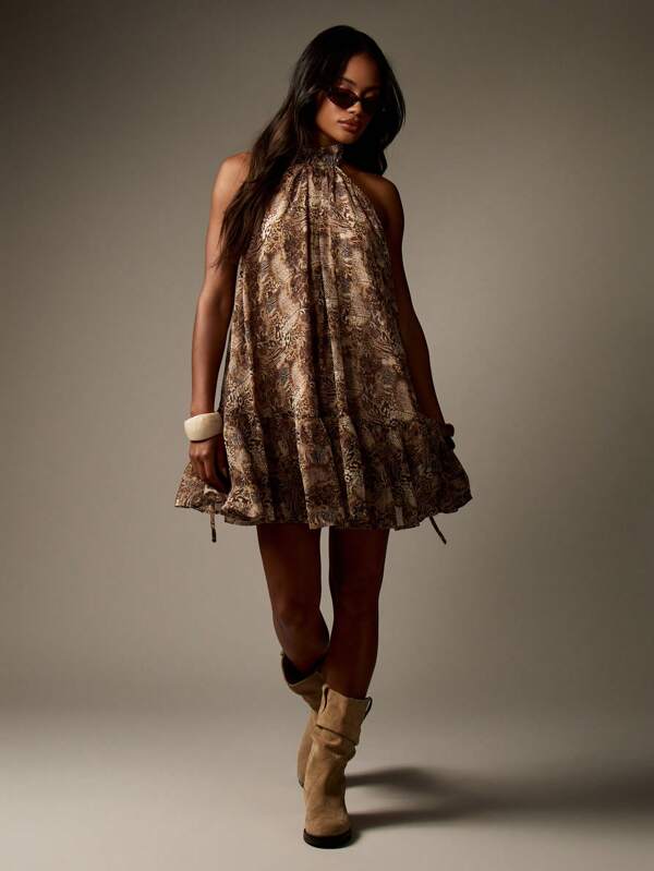 MISSGUIDED Animal Print Chiffon High Neck Mini Dress With Ruffle Details