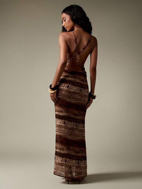 MISSGUIDED Animal Print Halter Deep V-Neck Backless Chiffon Maxi Dress