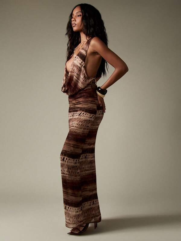 MISSGUIDED Animal Print Halter Deep V-Neck Backless Chiffon Maxi Dress