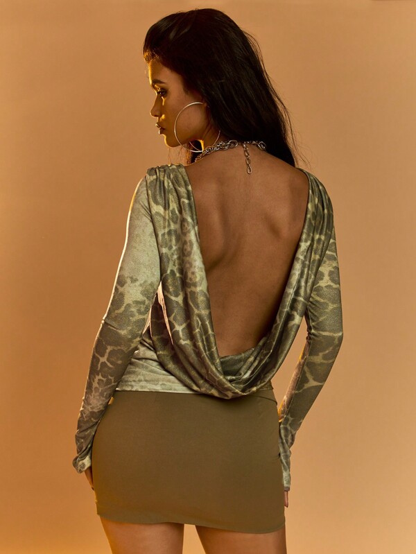 MISSGUIDED Animal Print Low Cowl Backless Long Sleeves Top