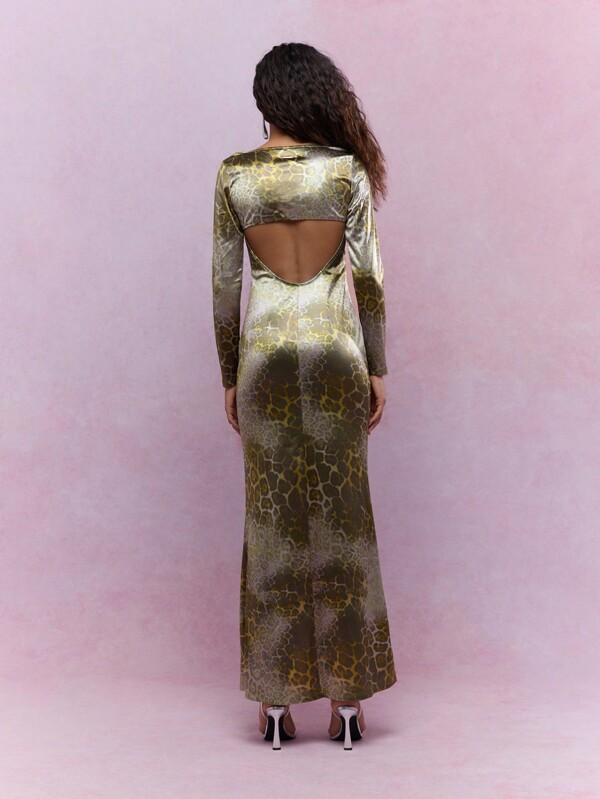 MISSGUIDED Animal Print Satin Cut-Out Long Sleeves Flared Hem Maxi Dress