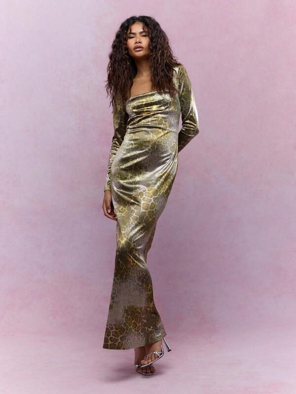 MISSGUIDED Animal Print Satin Cut-Out Long Sleeves Flared Hem Maxi Dress