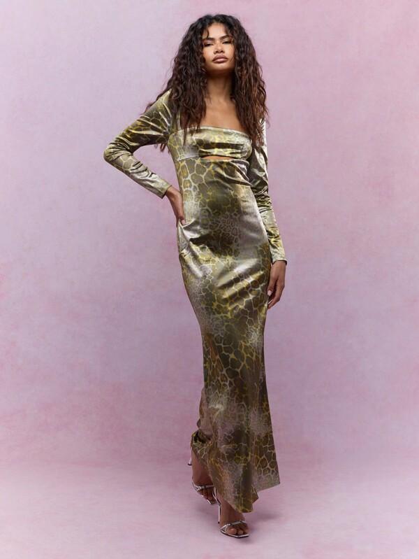 MISSGUIDED Animal Print Satin Cut-Out Long Sleeves Flared Hem Maxi Dress