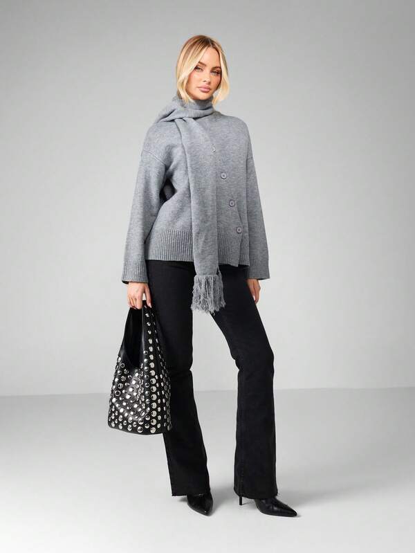 MISSGUIDED Asymmetric Button Cardigan With Scarf Detail