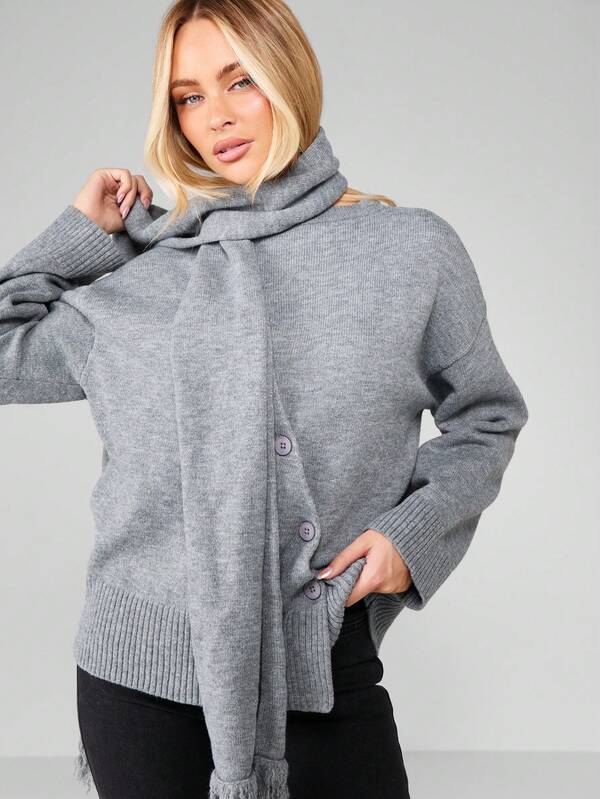 MISSGUIDED Asymmetric Button Cardigan With Scarf Detail