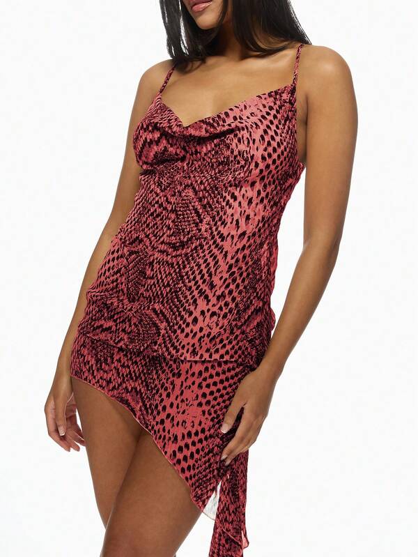 MISSGUIDED Asymmetric Cowl Neck Snake Print Side Drape Short Dress