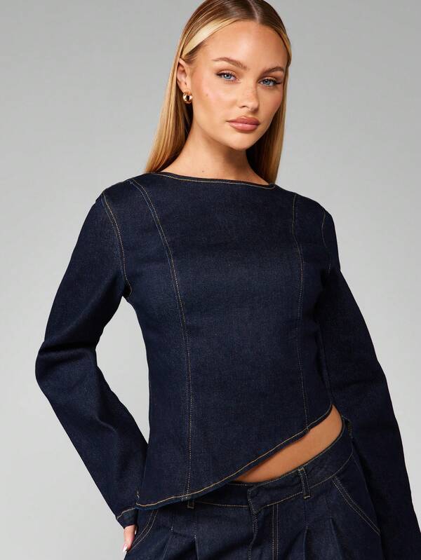 MISSGUIDED Asymmetric Cropped Denim Top With Back Zipper