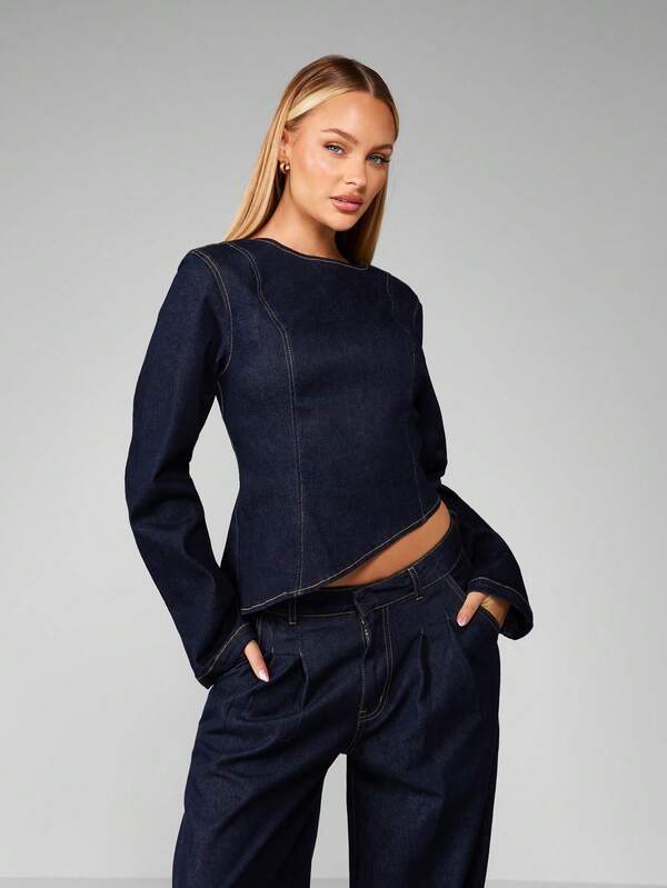 MISSGUIDED Asymmetric Cropped Denim Top With Back Zipper