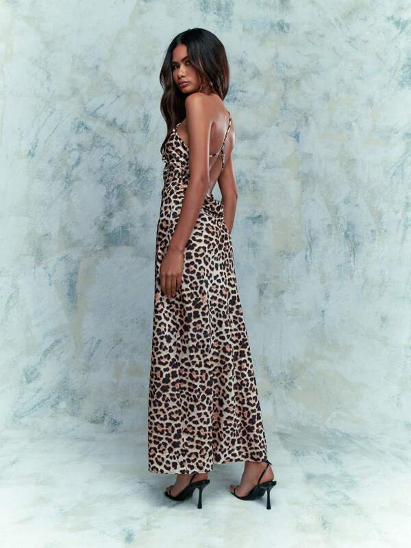 MISSGUIDED Asymmetric Leopard Print Satin One Shoulder Backless Slit Hem Maxi Dress