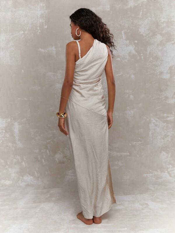 MISSGUIDED Asymmetric Linen One Shoulder Side Ruched Maxi Dress