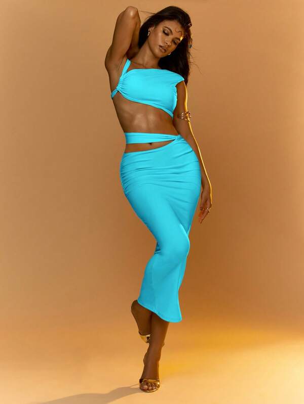 MISSGUIDED Asymmetric One Shoulder Crop Top Midi Skirt Cutout Waist Two-Piece Outfits