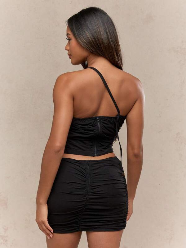 MISSGUIDED Asymmetric One-Shoulder Crop Top With Ruched Mini Skirt With Side Cut-Out 2 Piece Set