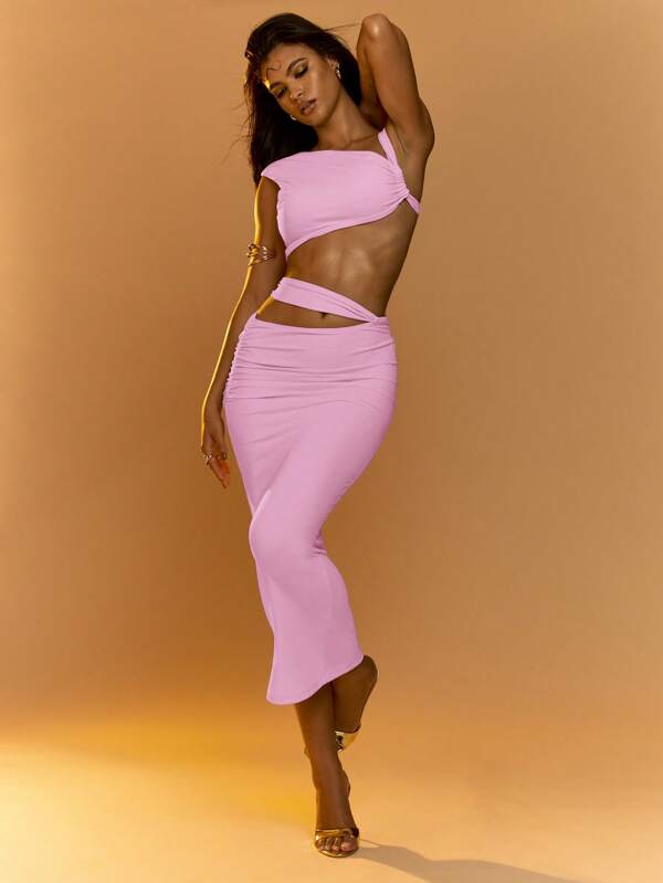 MISSGUIDED Asymmetric One Shoulder Crop Top With Ruched High Waist Maxi Skirt Co-Ord