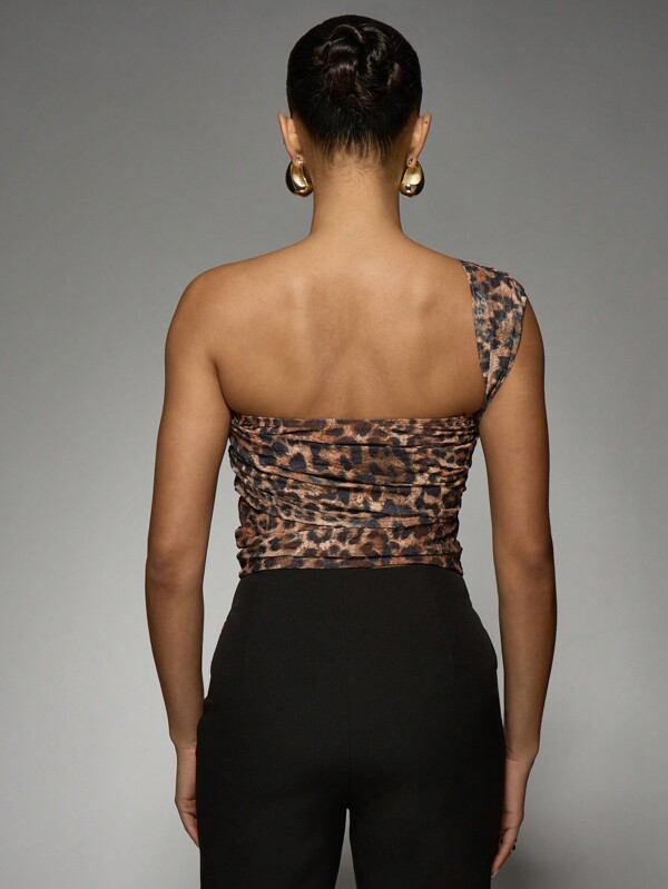 MISSGUIDED Asymmetric One Shoulder Leopard Print Ruched Crop Top