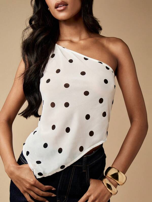 MISSGUIDED Asymmetric One Shoulder Polka Dot Tank Top