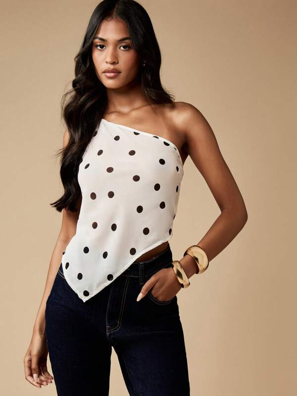 MISSGUIDED Asymmetric One Shoulder Polka Dot Tank Top