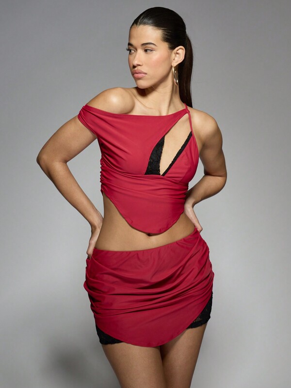 MISSGUIDED Asymmetric Ruched Crop Top With Mini Skirt Set