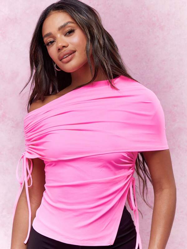 MISSGUIDED Asymmetric Ruched Neckline Side Slit Bardot Top