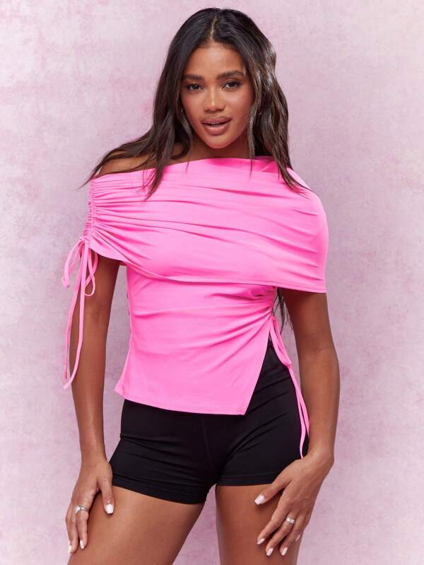 MISSGUIDED Asymmetric Ruched Neckline Side Slit Bardot Top