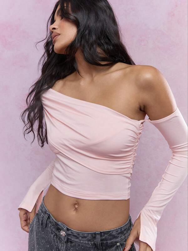 MISSGUIDED Asymmetric Ruched One Shoulder Long Sleeves Top