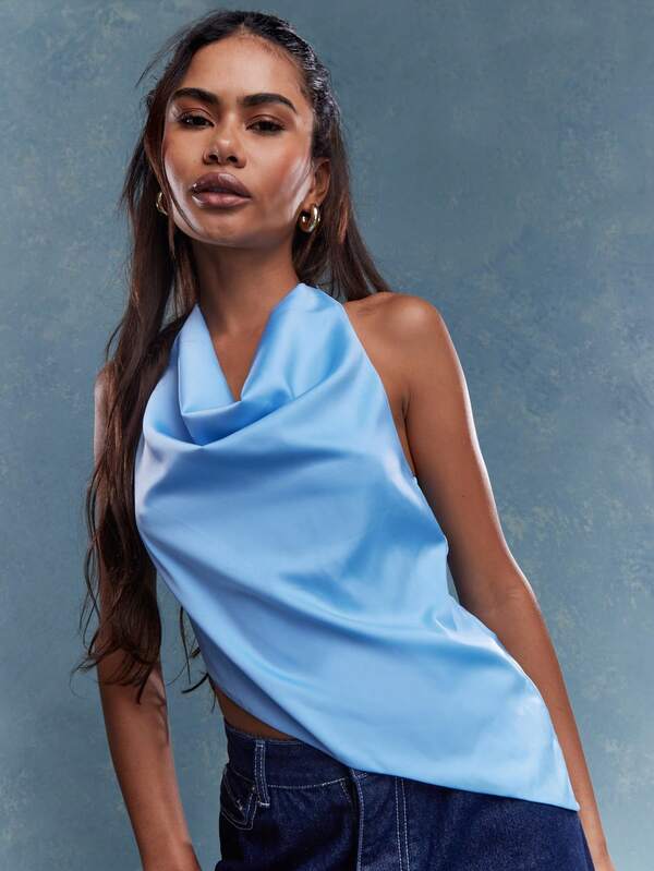 MISSGUIDED Asymmetric Satin Cowl Halter Neck Backless Top
