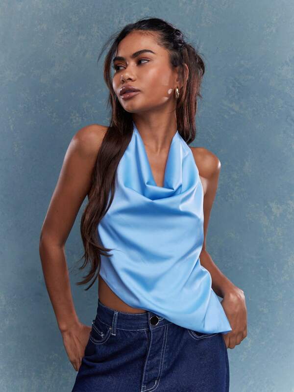 MISSGUIDED Asymmetric Satin Cowl Halter Neck Backless Top