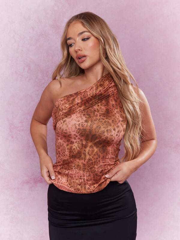 MISSGUIDED Asymmetric Snake Print One Ruched Shoulder Sleeveless Top