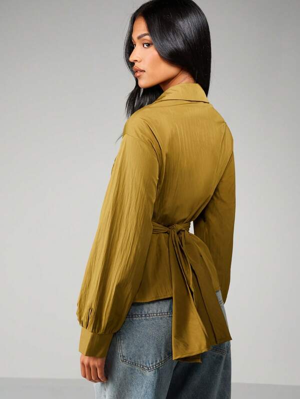 MISSGUIDED Asymmetric Wrap Blouse With Tie Detail