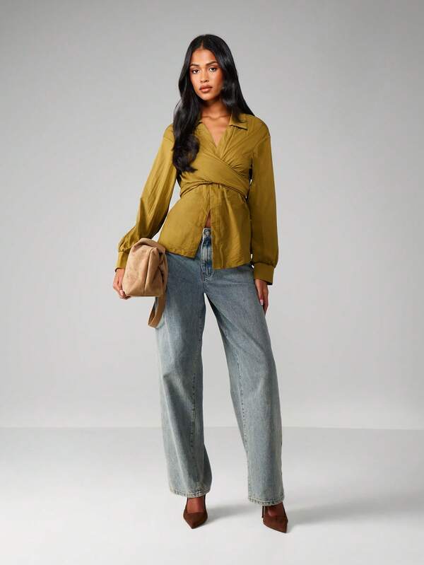 MISSGUIDED Asymmetric Wrap Blouse With Tie Detail