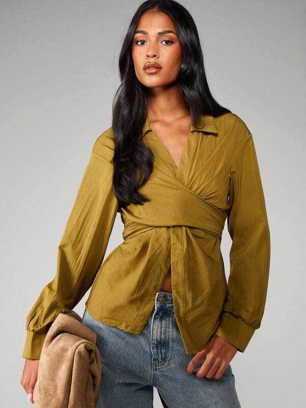 MISSGUIDED Asymmetric Wrap Blouse With Tie Detail