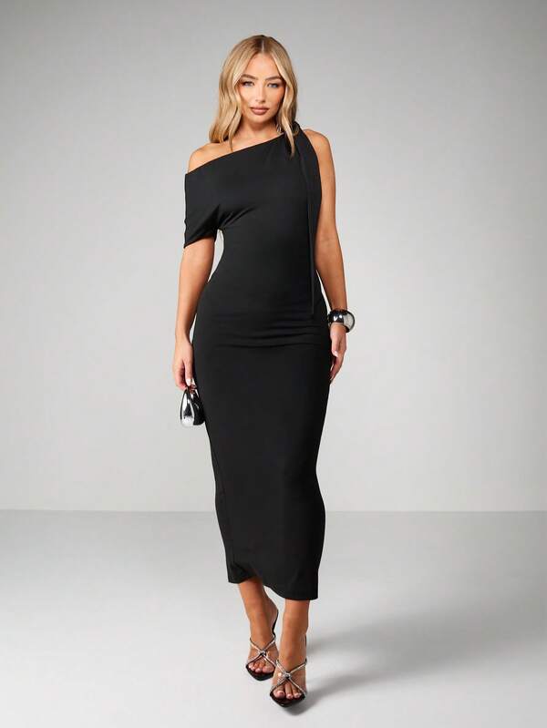 MISSGUIDED Asymmetrical Shoulder Bodycon Midi Dress
