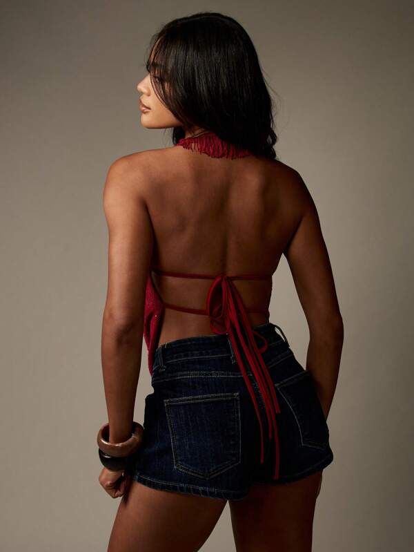 MISSGUIDED Backless Knitted Cowl Neck Halter Top With Fringe Detail