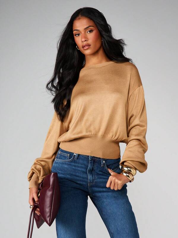 MISSGUIDED Balloon Sleeve Knit Crew Neck Top