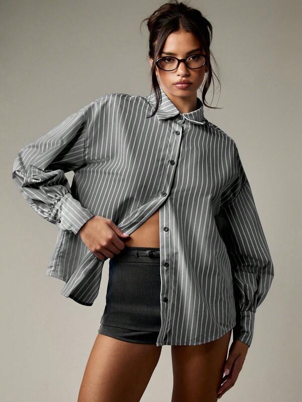 MISSGUIDED Balloon Sleeve Striped Button Down Shirt With Back Tie Detail