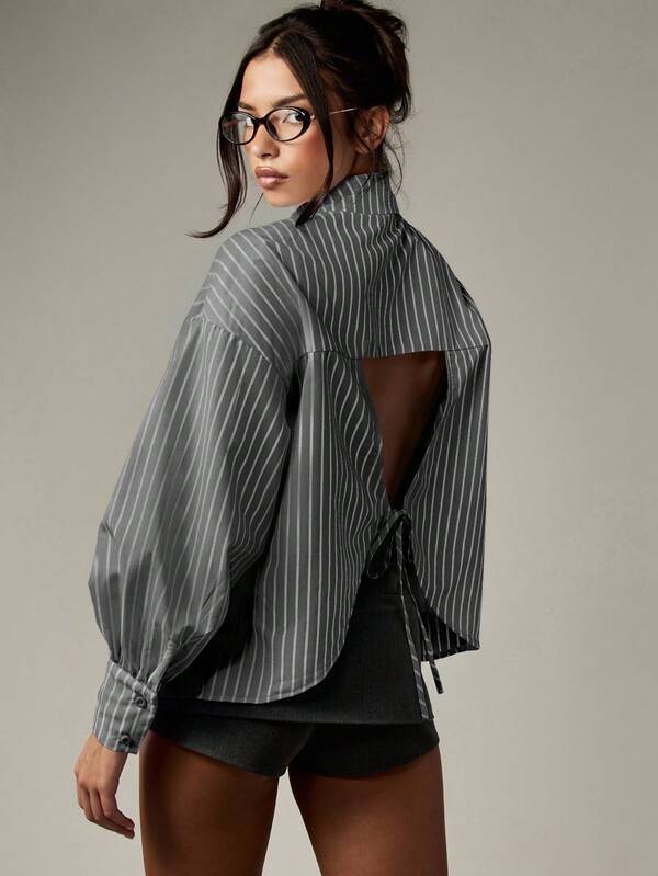 MISSGUIDED Balloon Sleeve Striped Button Down Shirt With Back Tie Detail