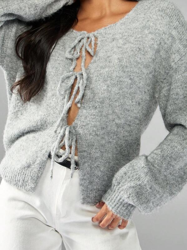 MISSGUIDED Balloon Sleeve Tie Front Fuzzy Cardigan With Wrap Design