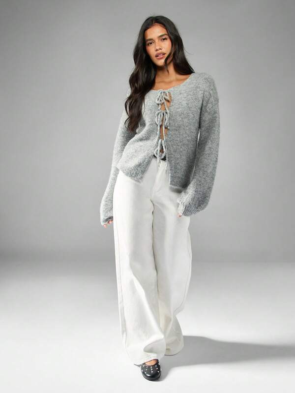 MISSGUIDED Balloon Sleeve Tie Front Fuzzy Cardigan With Wrap Design