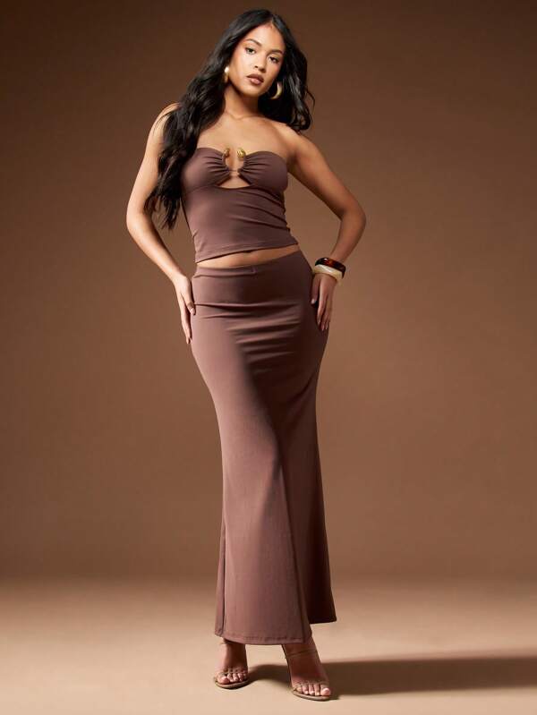 MISSGUIDED Bandeau Crop Top And Fitted Maxi Skirt Outfit