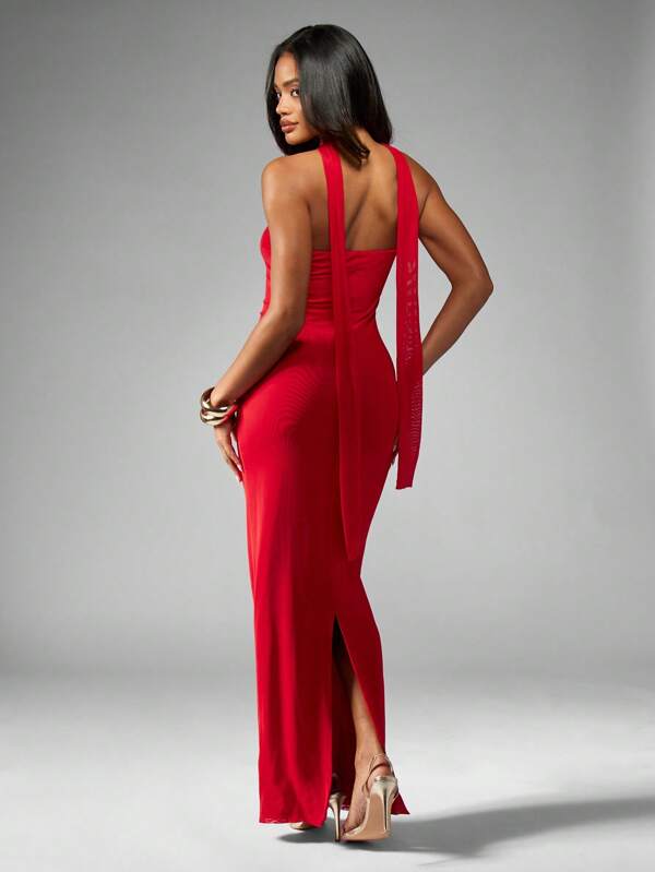 MISSGUIDED Bandeau Maxi Dress With Choker Neck Detail Floor Length
