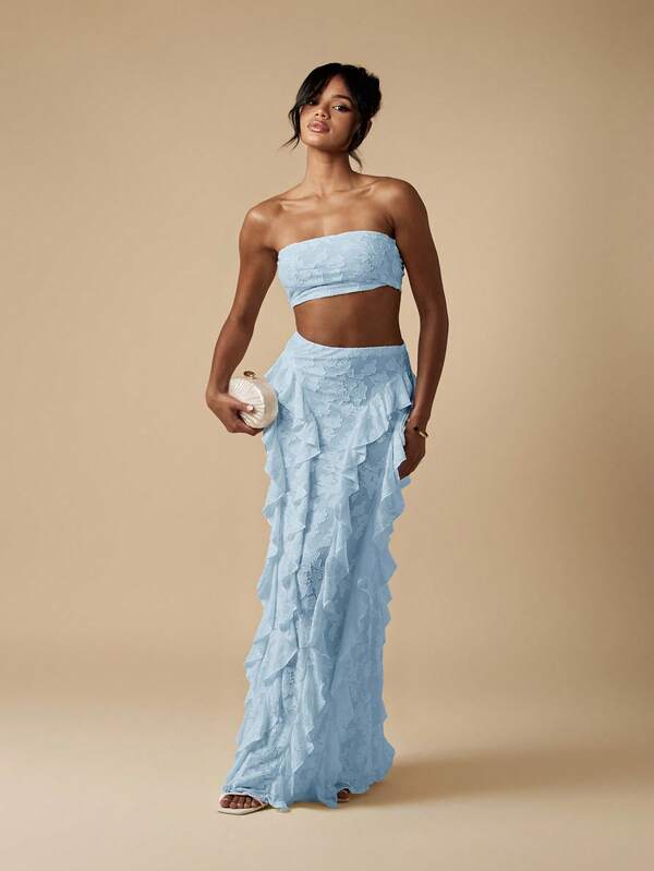 MISSGUIDED Bandeau Top And Ruffle Maxi Skirt Co Ord Set