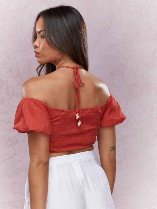MISSGUIDED Beads Detail Halter Neck Corset Bust Bardot Crop Top