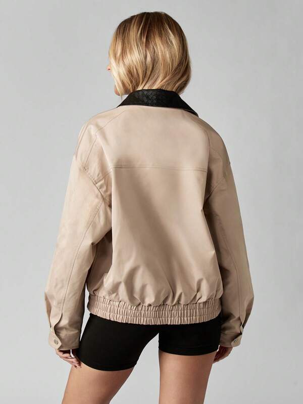 MISSGUIDED Beige Bomber Jacket With Black Quilted Collar