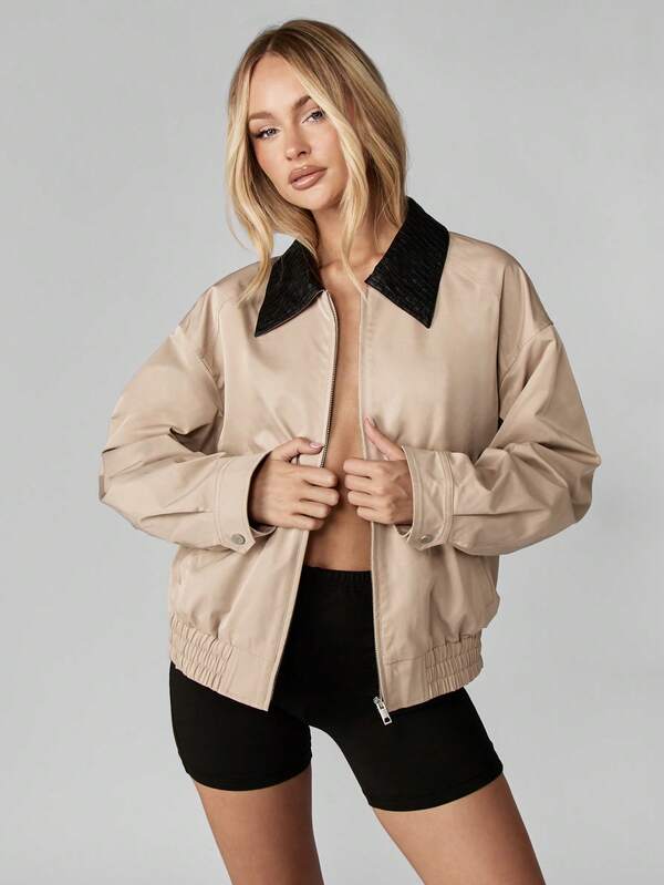 MISSGUIDED Beige Bomber Jacket With Black Quilted Collar