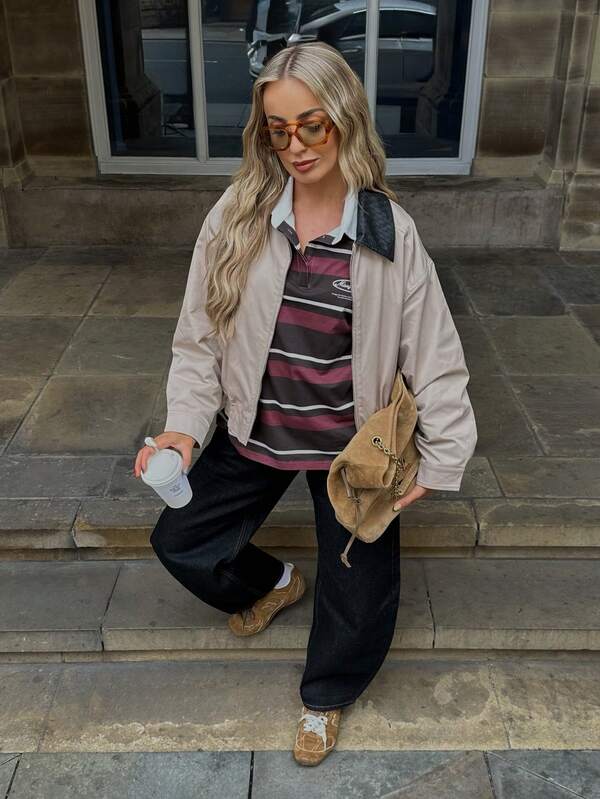 MISSGUIDED Beige Bomber Jacket With Black Quilted Collar