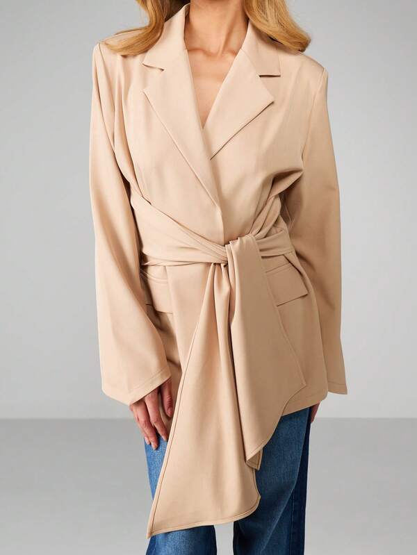 MISSGUIDED Beige Wrap Blazer With Tie Belt
