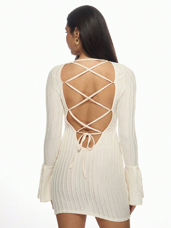 MISSGUIDED Bell Sleeve Bodycon Ribbed Knit Open Back Mini Dress